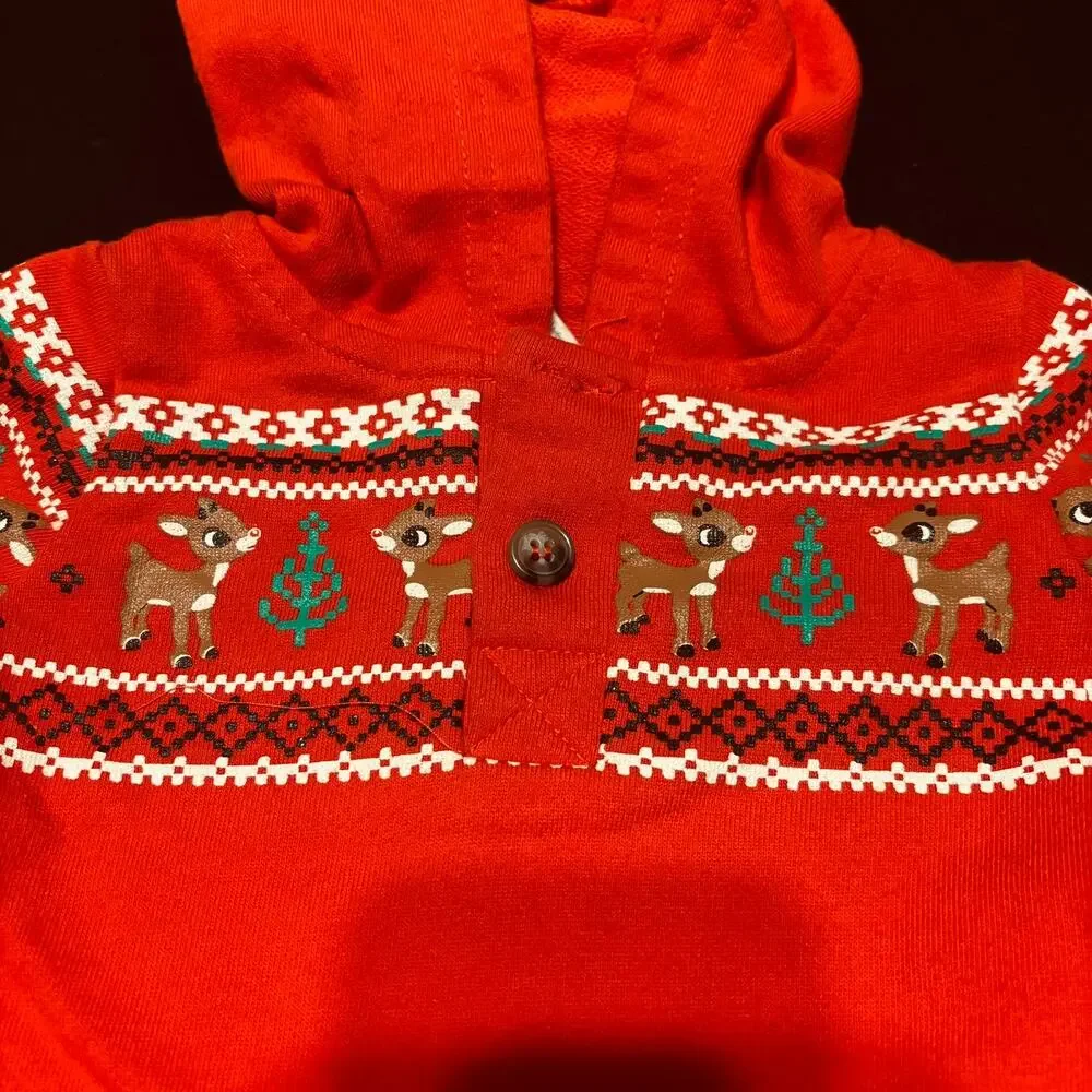 Rudolph Red Hooded Christmas Romper Baby 12M Reindeer Antlers Holiday Outfit